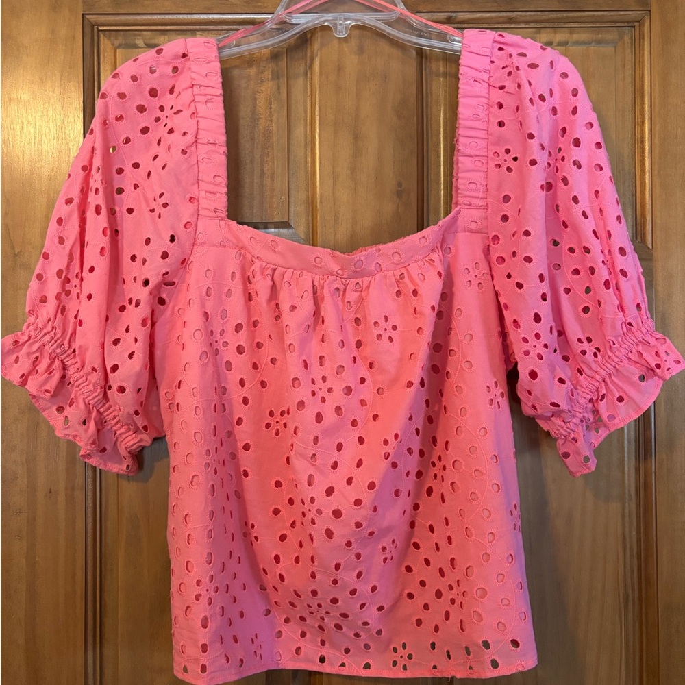 1. State Pink Eyelet Blouse with Puff Sleeves